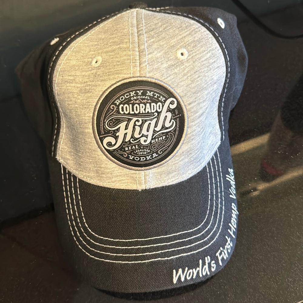 Colorado high vodka, baseball hat. Hemp vodka.